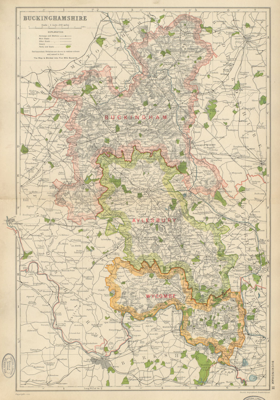BUCKINGHAMSHIRE. Showing Parliamentary divisions,parks & boroughs.BACON 1934 map